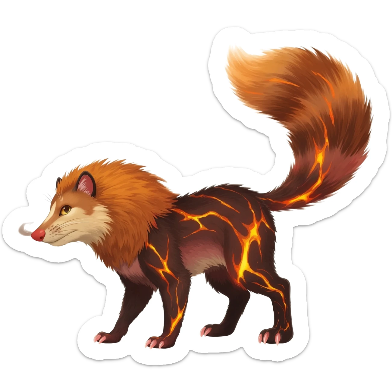 Hyper realistic  ember-rust copper fur molten with glowing magma seams and smoky tips beautiful elegant pretty precious cute  Fakémon-Pokémon-opossum-feline-serval-caracal-chinchilla-Furret-Minccino-hybrid-creature with a big fluffy bushy tail (full body) sticker