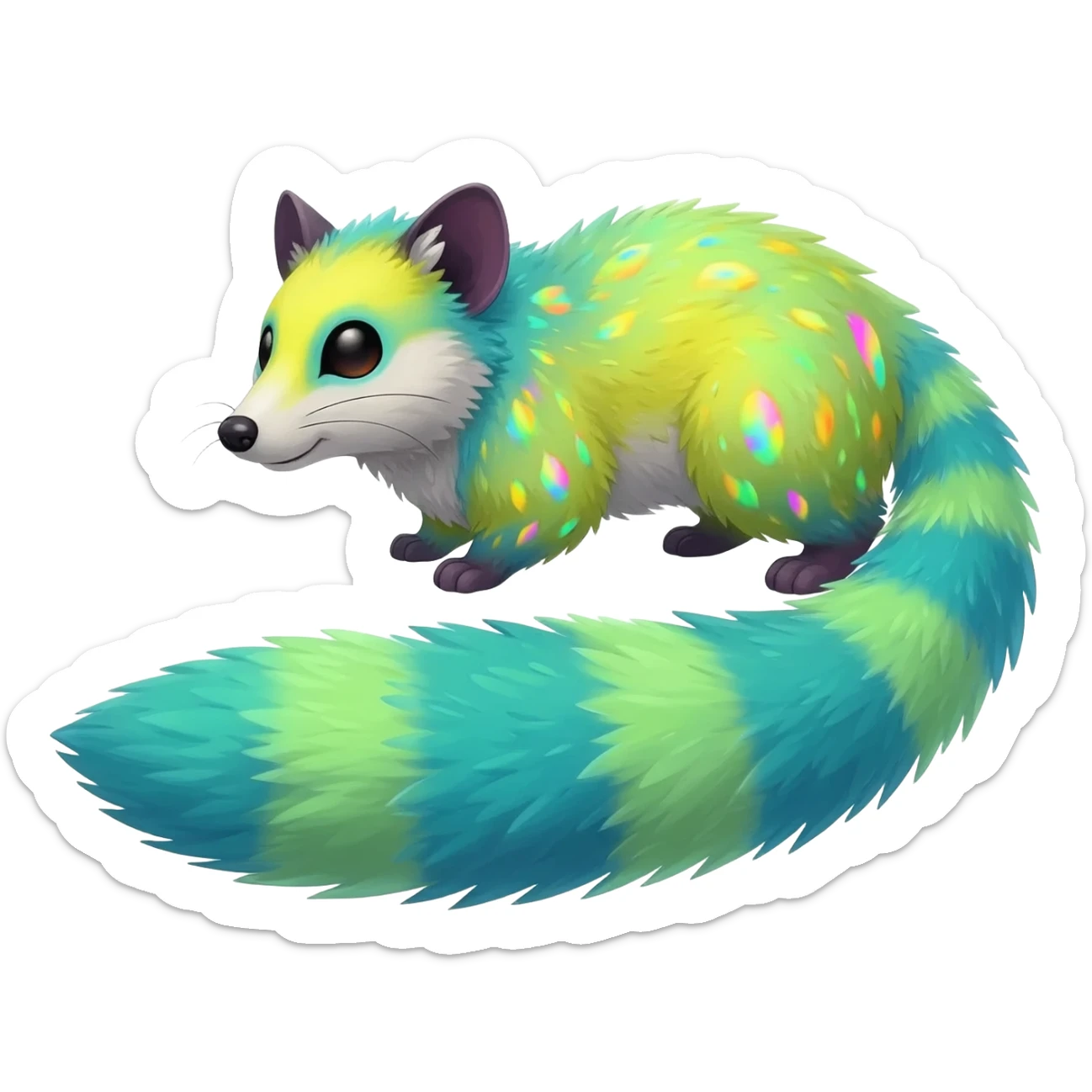  cute adorable yellow-green-turquoise-gradients albino fur with random colorful iridescent rainbow markings beautiful elegant pretty precious cute  Fakémon-Pokémon-opossum-feline-serval-caracal-chinchilla-Minccino-hybrid-creature with a big fluffy bushy striped tail (full body) sticker