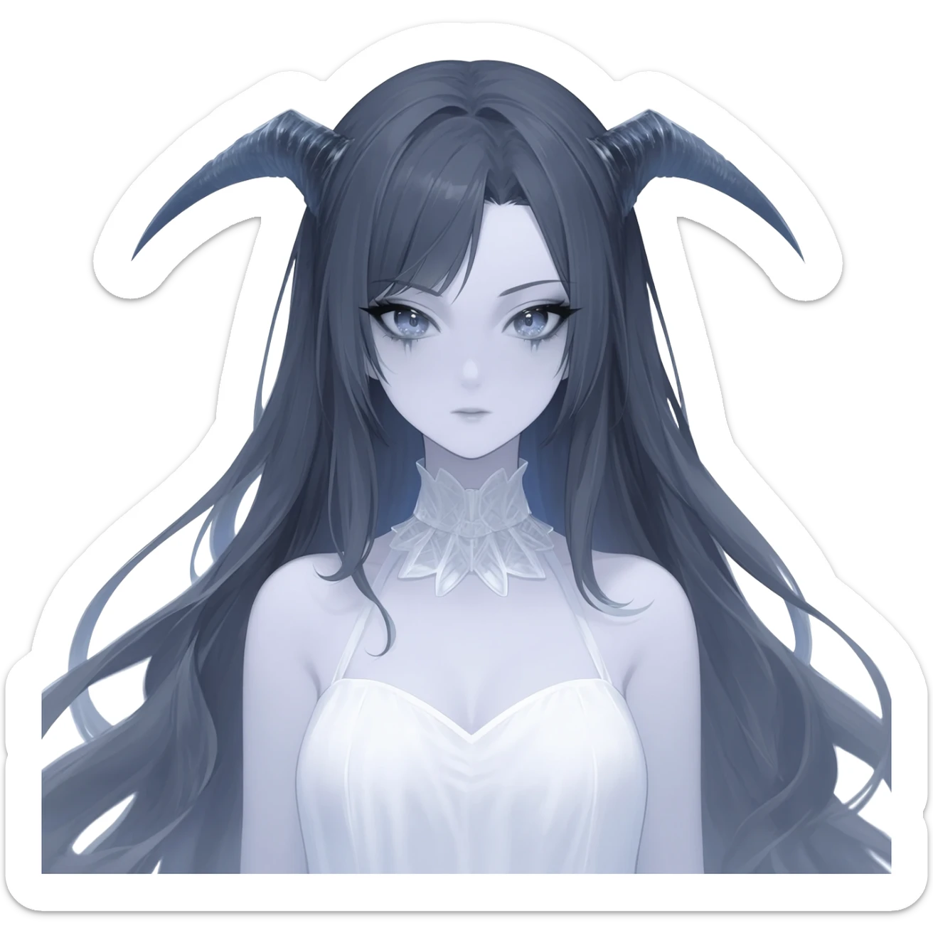 Beautiful ethereal Gorgeous Vampiric Edgy spectral dark greyish-blue whitish gloomy spectral Anime Poltergeist Lady  with a beautiful white dress sticker