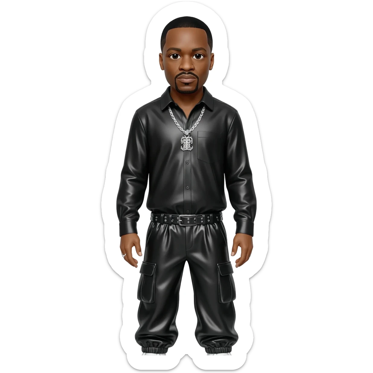 Dr Dre with black hair, black metallic shirt, black metallic baggy pants, silver necklace sticker