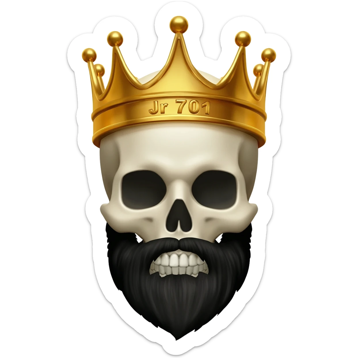crea una calavera con una corona y barba negra. En la  corona que diga: Jr 701 sticker