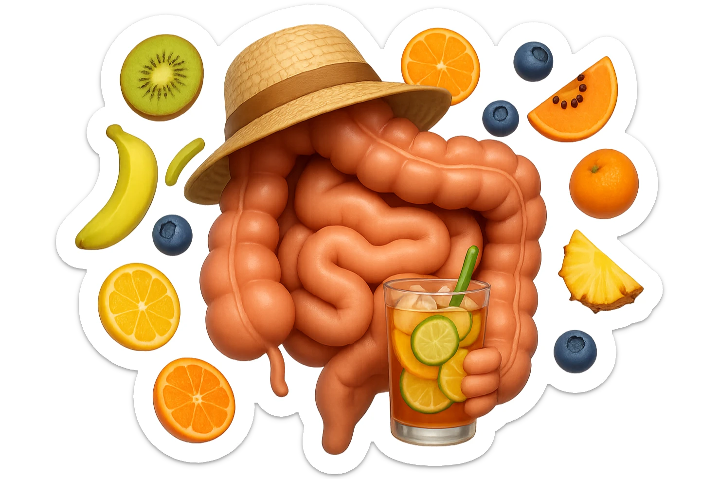 EMOJI STILE IPHONE DI INTESTINO UMANO REALISTICO CON CAPPELLO DI PAGLIA DA SPIAGGIA CHE BEVE UN Tè FREDDO IN BICCHIERE DI VETRO CON DENTRO  fette di cetriolo, limone, lime, DIETRO L'INTESTINO FLUTTUANO PEZZETTI DI Kiwi
Banana acerba
Arance e mandarini
Mirtilli
Ananas
Papaya
IPERREALISTICO 4K sticker