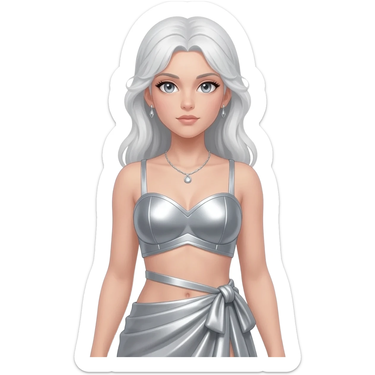 Artemis from Greek Mythology with grey eyes, long white hair, silver metallic sweetheart crop top, silver metallic wrap long skirt, silver necklace and earrings sticker