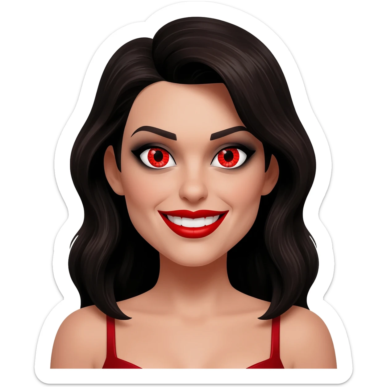 Prostitue with red snake eyes wearing red lipstick and has an evil smile sticker