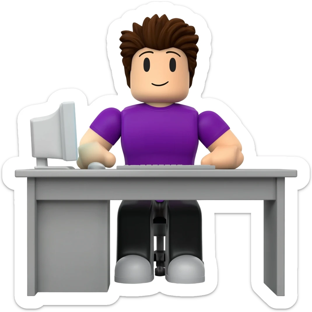 Genera un personaje de roblox de cuerpo completo sentado en un escritorio con una computadora con una playera color morado o verde y pelo cafe sticker