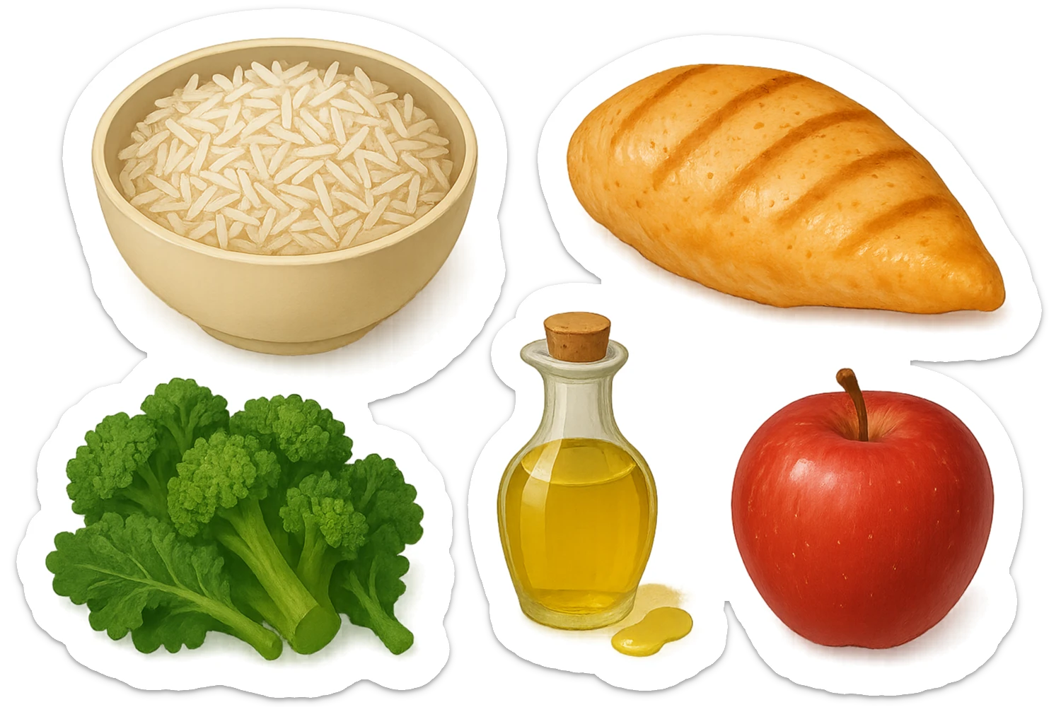 Riso basmati
Petto di pollo
Verdura fibrosa verde
Olio EVO
Mela sticker