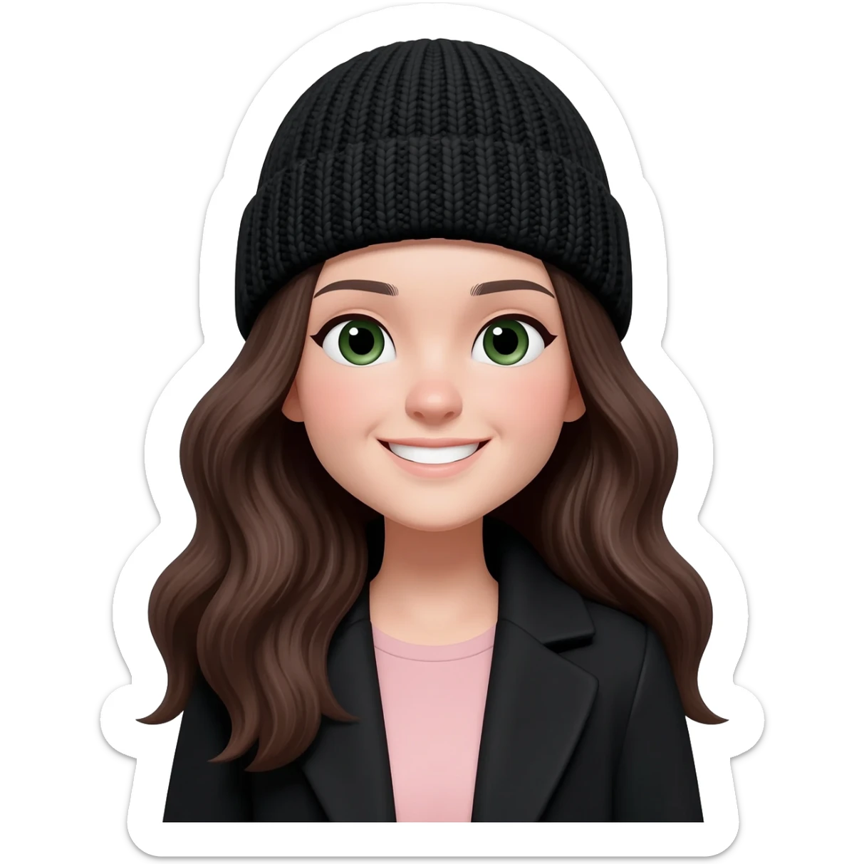 Create an emoji illustration of a smiling young woman with long, wavy dark brown hair and fair skin. Her face shape is oval and slightly round. She is wearing a black knit beanie and a black coat over a soft light pink top. She has dark green eyes and a natural smile. sticker