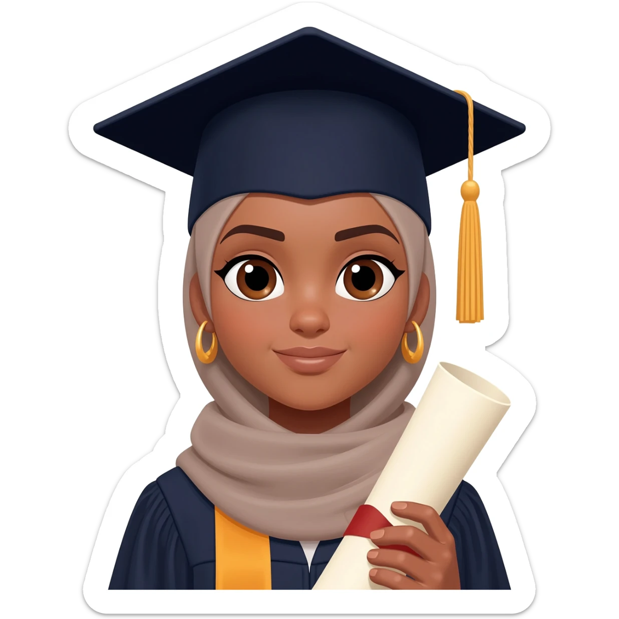 school graduation with a pretty female with hijab,  graduating student, brown eyes, big earrings and brown tan sticker