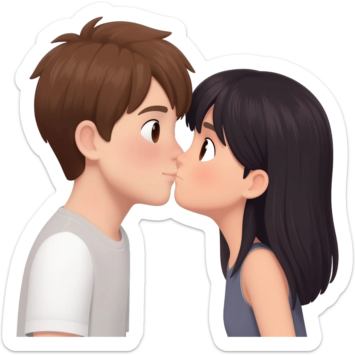 Asian girl kissing white boy with brown hair sticker
