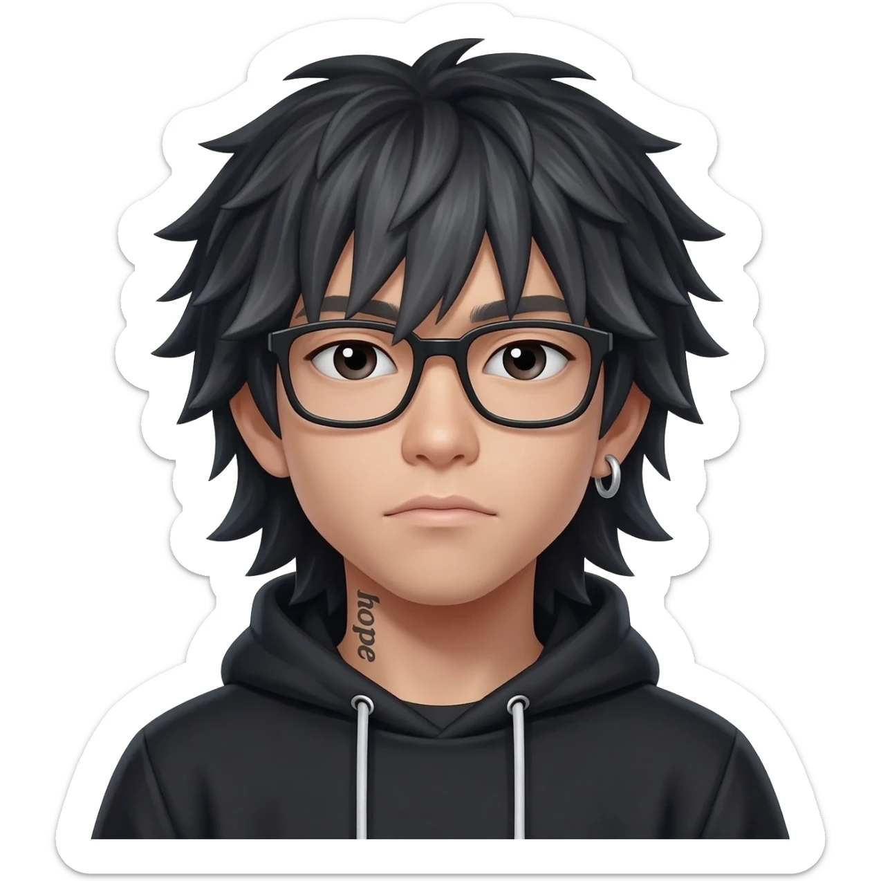 japan boy with spiky long hair and black hoodie zip one-sided earrings tattoo with the word "hope". cool face wear glasses sticker