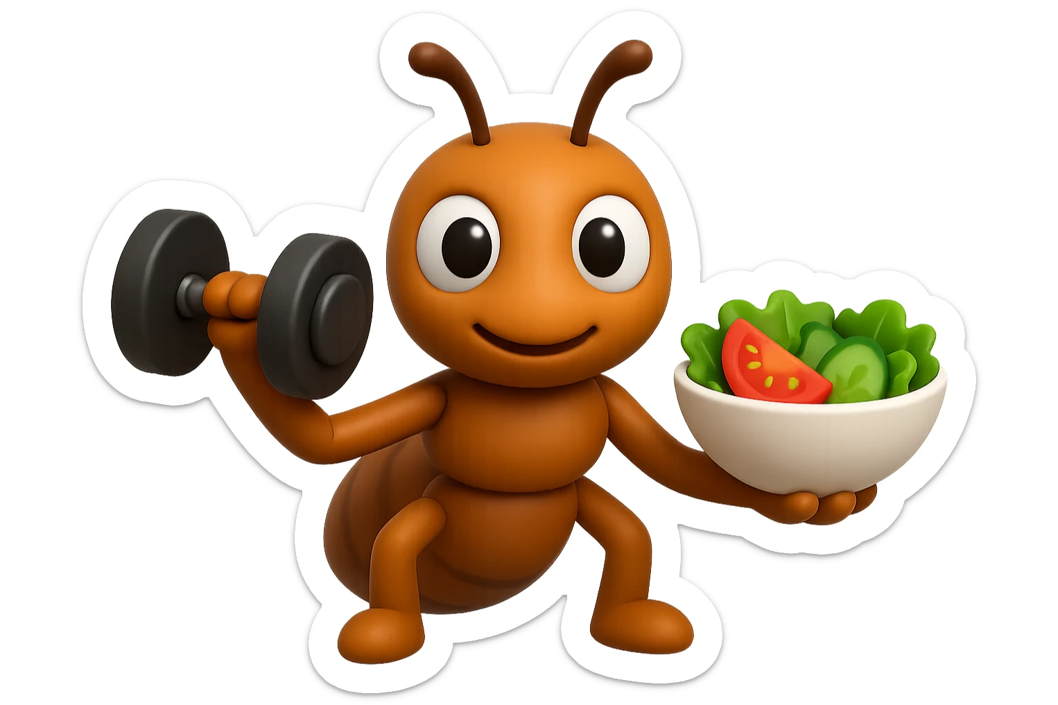 EMOJI STILE IPHONE 3D DI UNA formica CHE ha un manubrio da palestra nella mano destra e un insalata nella mano sinistra, FAGLI GLI OCCHI CON LA PARTE BIANCA, NON SOLO LA PUPILLA sticker