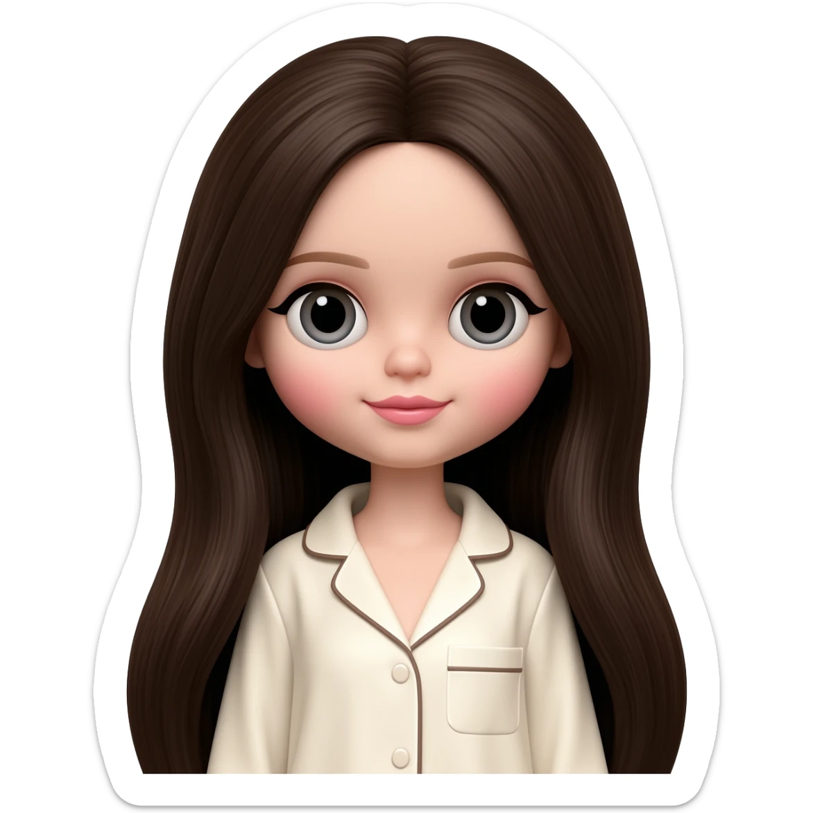 Make me an emoji that is wearing pajamas maker her a Blythe doll type emojiMake her hair longer Make her hair darker Make her hair a darker brown give her pale skin sticker