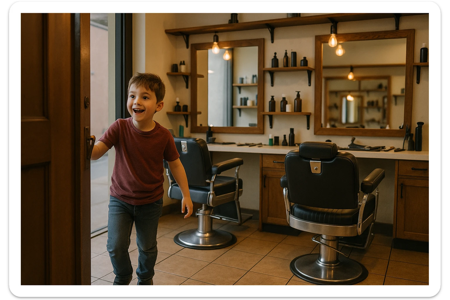 Sartaroshxonaga kirib kelayotgan bola sartaroshxona unchalik eski emas ammo yangi ham emsa sticker