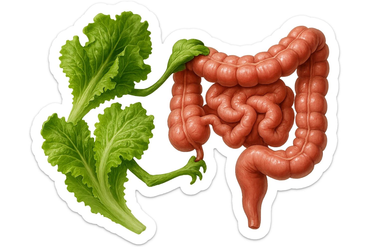 foglie di insalata che attaccano un intestino anatomico umano per distruggerlo, iperrealistico sticker
