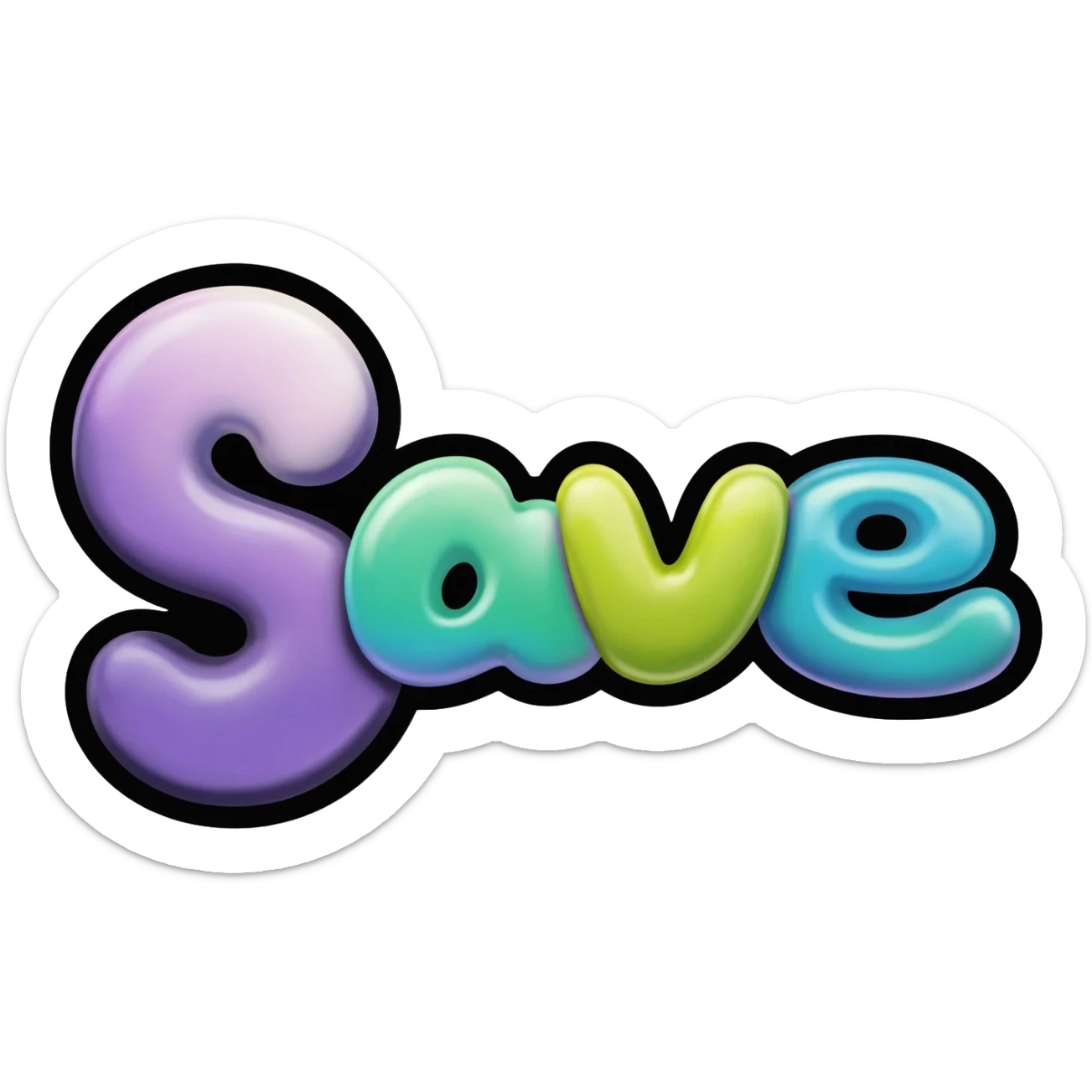 Bubble letters in bold color and outlined in black, word Save sticker