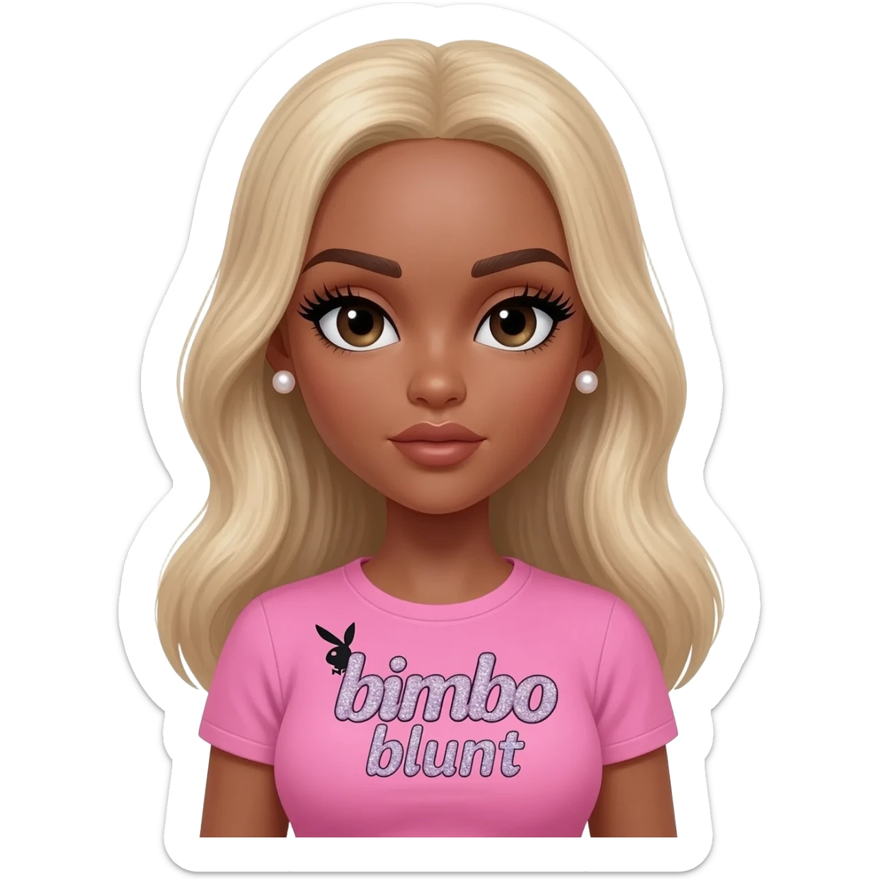 doll body , dark brown eyebrows, dark skin girl, pearl earrings stud, Long giant lashes, bimbo, black doll eyes, barbie, dark brown skin, with blonde hair, big breast, pink 2000s t shirt says on the sparkling text “bimbo blunt” on playboy logo sticker