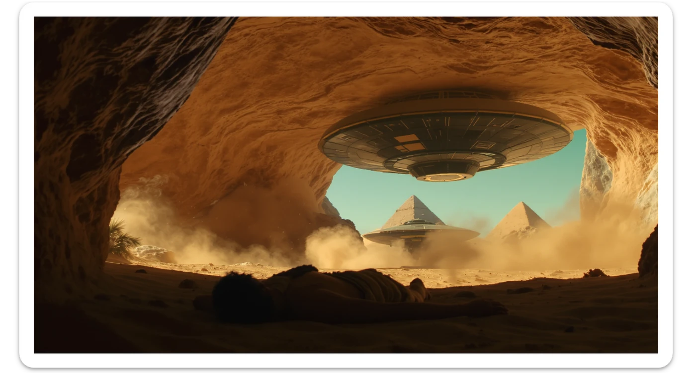 cinematic still, documentary photography, acient egypt, back shot of a man dress in ancient clothes in cave (frame in frame effect) on ground laying front of small ufo starship, sand flying around, palms, dynamic scane, leading lines, captured by arri alexa, depth layers, piramids in babckground sticker
