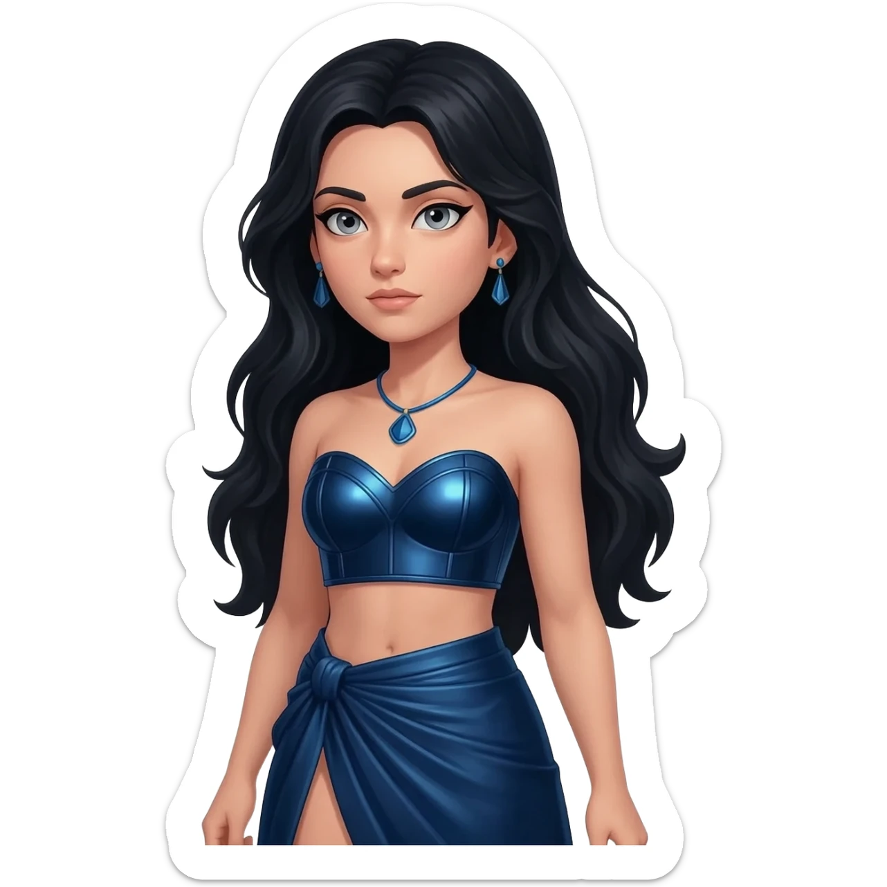 Athena from Greek Mythology with grey eyes, long black hair, dark blue metallic sweetheart crop top, dark blue metallic wrap long skirt, blue necklace and earrings sticker