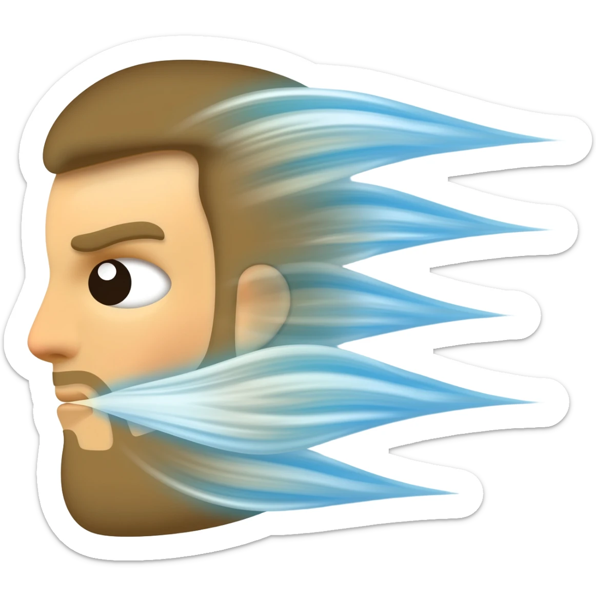 A high-resolution, stylized emoji illustration, in left-profile view, of a classic personified wind or "Boreas" face. A powerful stream of wind emanates from its puckered mouth, forming four distinct, swirling, light-blue-and-white stylized vapor trails that curl back on themselves. sticker