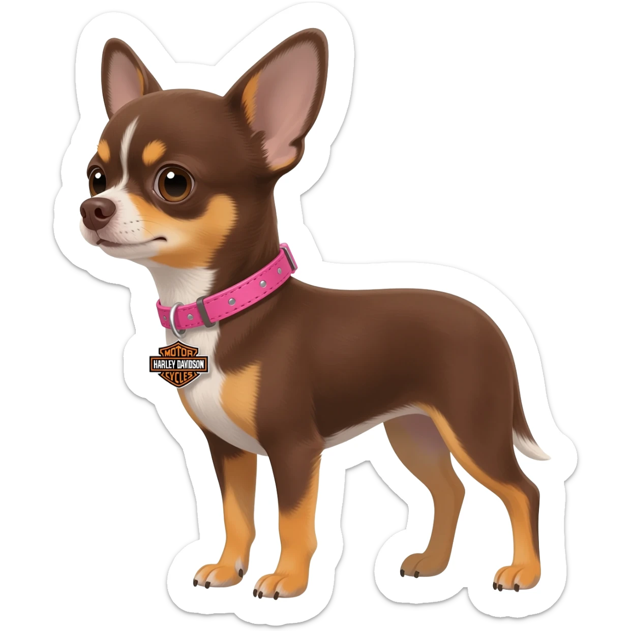 Little cute brown and tan applehead chihuahua with a pink Harley Davidson collar on her name isPixie sticker