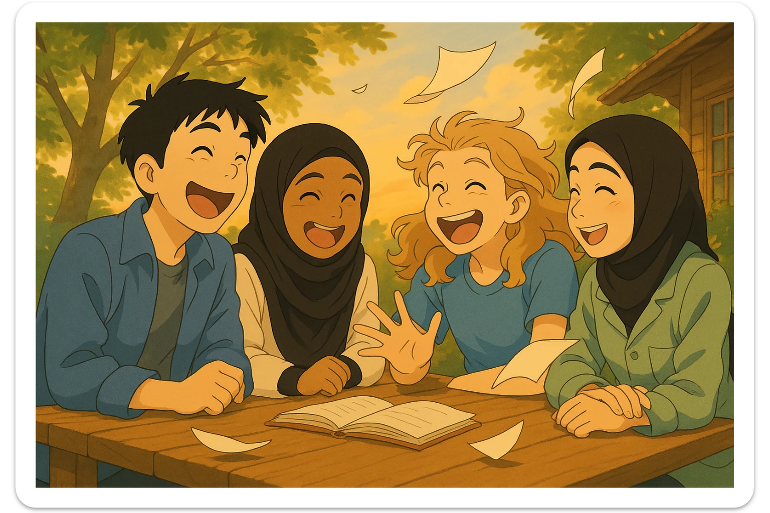 Les personnages rient, le vent fait bouger les arbres et les pages du livre volent, tout en même temps, style ghibli, même composition que l'image de référence. sticker