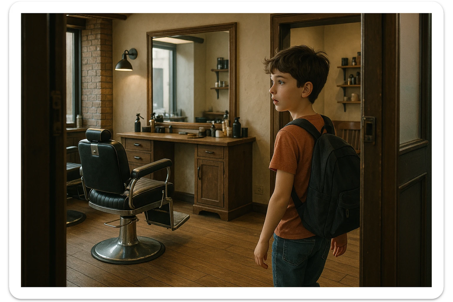 Sartaroshxonaga kirib kelayotgan bola sartaroshxona unchalik eski emas ammo yangi ham emsa sticker