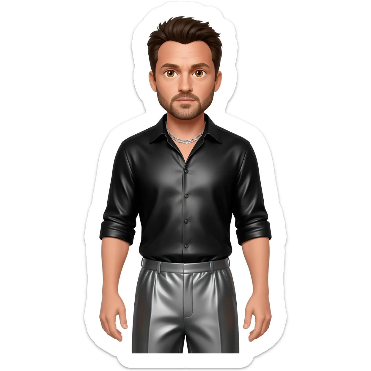 Ben Affleck with hazel eyes, dark brown hair, black metallic shirt, charcoal metallic baggy pants, silver necklace sticker