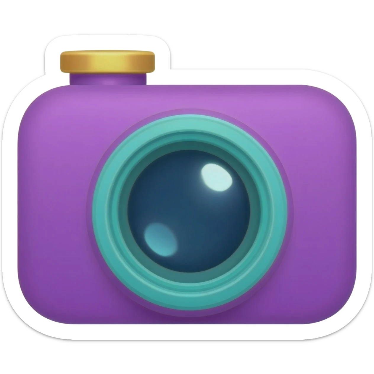 cute purple camera with a large teal lens, golden shutter button on top, tiny flash sparkle sticker