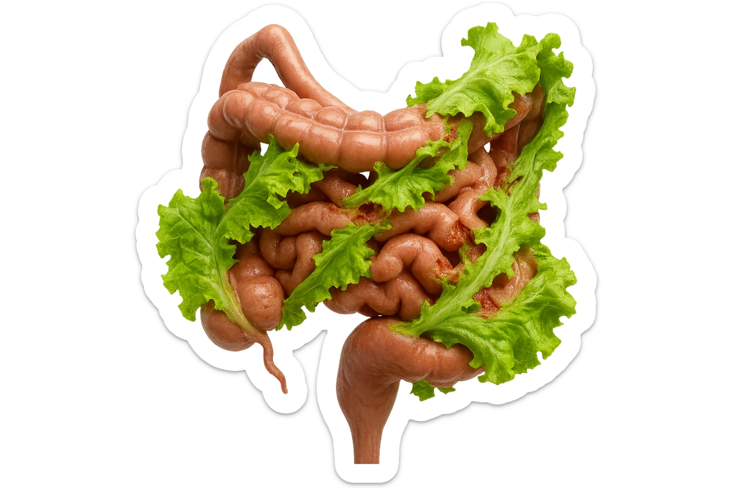 foglie di insalata che attaccano un intestino anatomico umano per distruggerlo, iperrealisticoù sticker