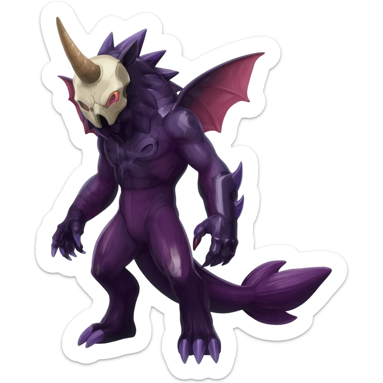 Shiny Dark Edgy  Duskull-Salandit-Inteleon-Fakémon-hybrid-creature (full body) with a horned animal-skull-mask sticker