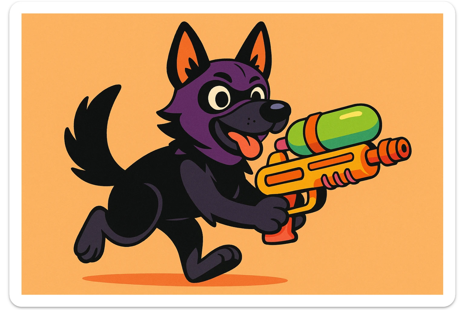 playful black German Shepherd in a ski mask, gripping a colorful water gun, cartoon style sticker