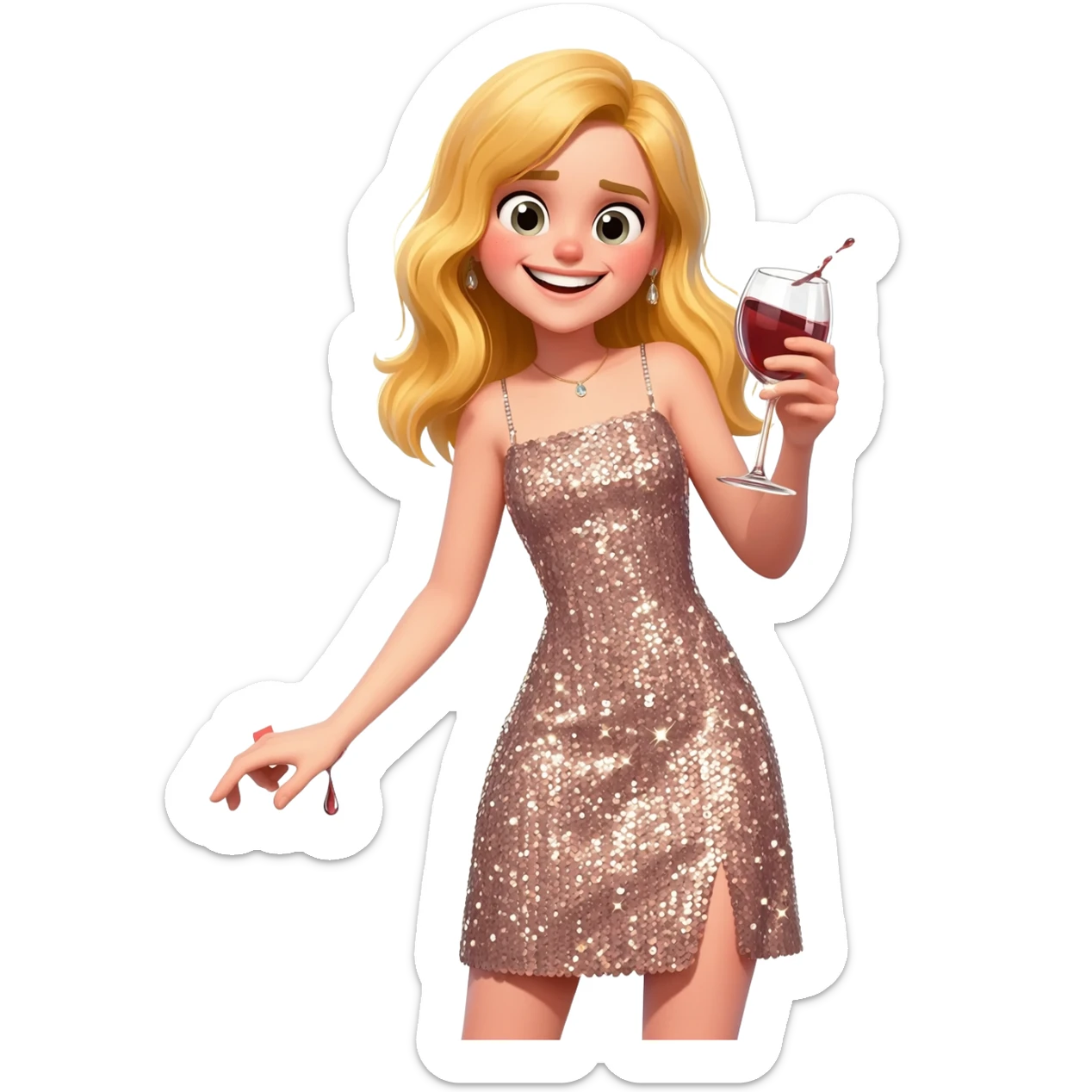 Happy girl, blond girl, dress, party vibe with a glass of wine and this girl is very clumsy sticker