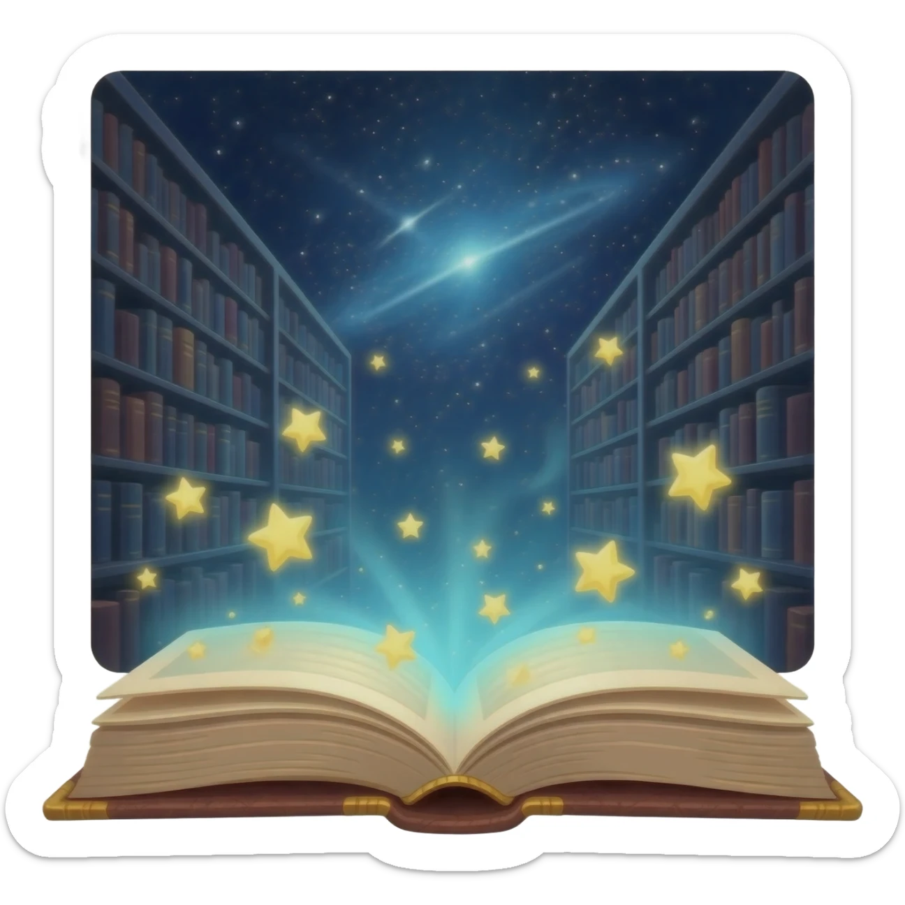 cosmic library book opening and releasing glowing stars sticker