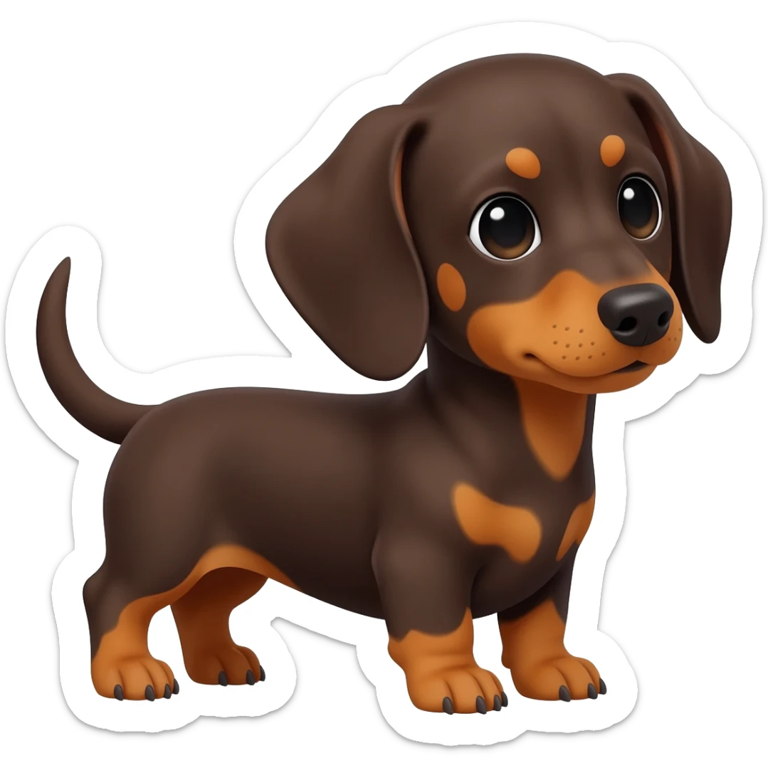 A cute 8 week old dascshund puppy with long ears, short legs, and dark brown fur.  He has a small amount of lighter brown on his chest and feet but no eyebrows or muzzle sticker