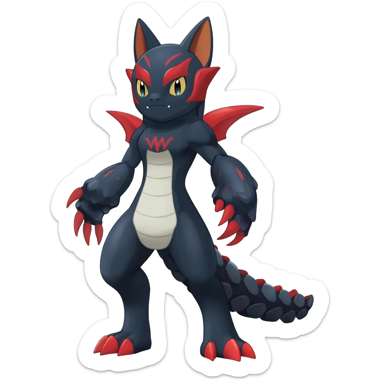 midnight blue-gray-black, with red markings, white belly, scaley Bastet-Noibat-Gatomon-Garchomp-Digimon-Fakémon-Pokémon-creature (full body) sticker