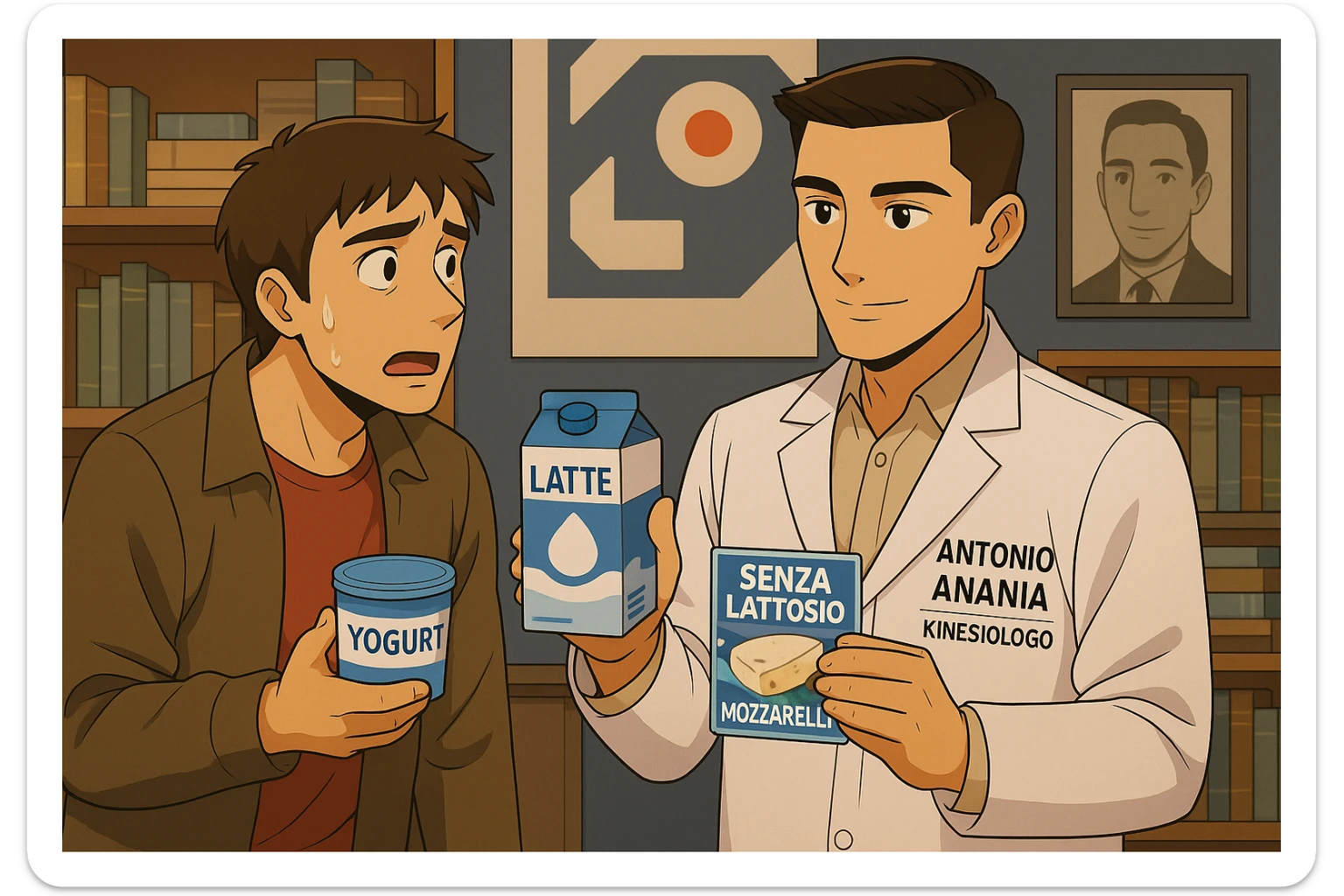 fai un webtoon manga a colori con questo stile, in cui un uomo ASCOLTA Il kinesiologo con il camice bianco (fagli anche la scritta "ANTONIO ANANIA" SUL CAMICE, IL KINESIOLOGO SPIEGA ALL'UOMO UNA MOSTRANDO VARI PRODOTTI DA SUPERMERCATO CONFEZIONATI (TIPO SCATOLA DI LATTE, MOZZARELLE CONFEZIONATE, FORMAGGIO CONFEZIONATO), OGNI CONFEZIONE HA LA SCRITTA "SENZA LATTOSIO SULL'ETICHETTA. L'UOMO OSSERVA IL KINESIOLOGO CON ESPRESSIONE CONFUSA IN VOLTO. non fare i fumetti però, fai solo in modo che sembri stiano parlando sticker