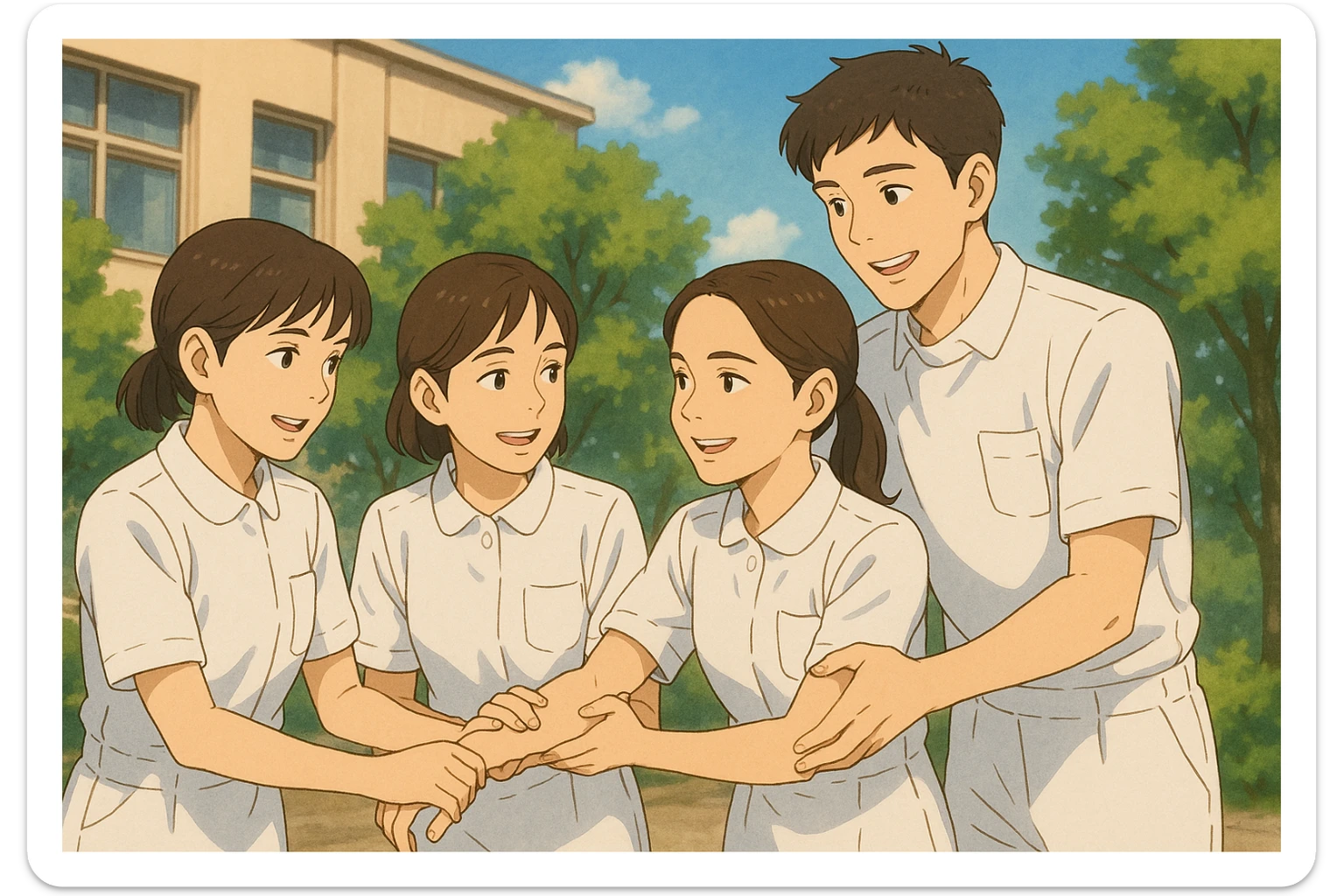 Three female nursing students of the same height and one taller male nursing student, all in white short-sleeve uniforms without stethoscopes, helping each other, faces inspired by photos, Ghibli style, positive atmosphere sticker