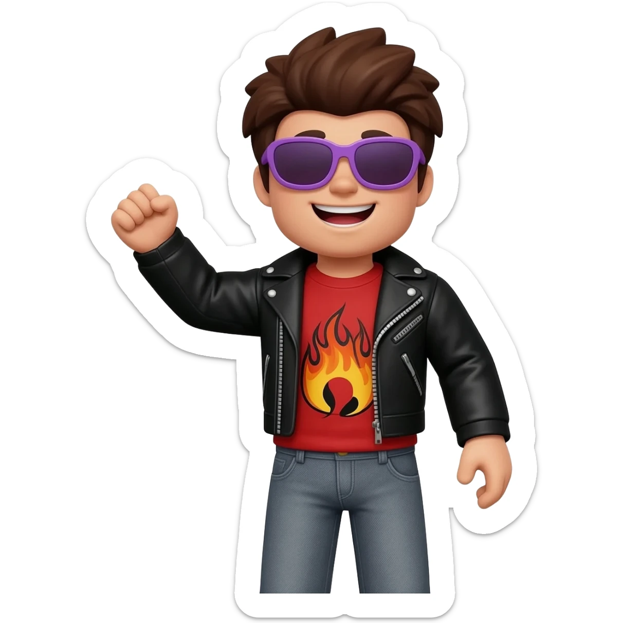 Cool Roblox boy avatar emoji, brown hair, purple sunglasses, smiling face, black leather jacket, red shirt with flame design, gray jeans, confident pose with one hand raised, playful and stylish vibe, 3D cartoon style, bright lighting, cute gaming emoji style sticker
