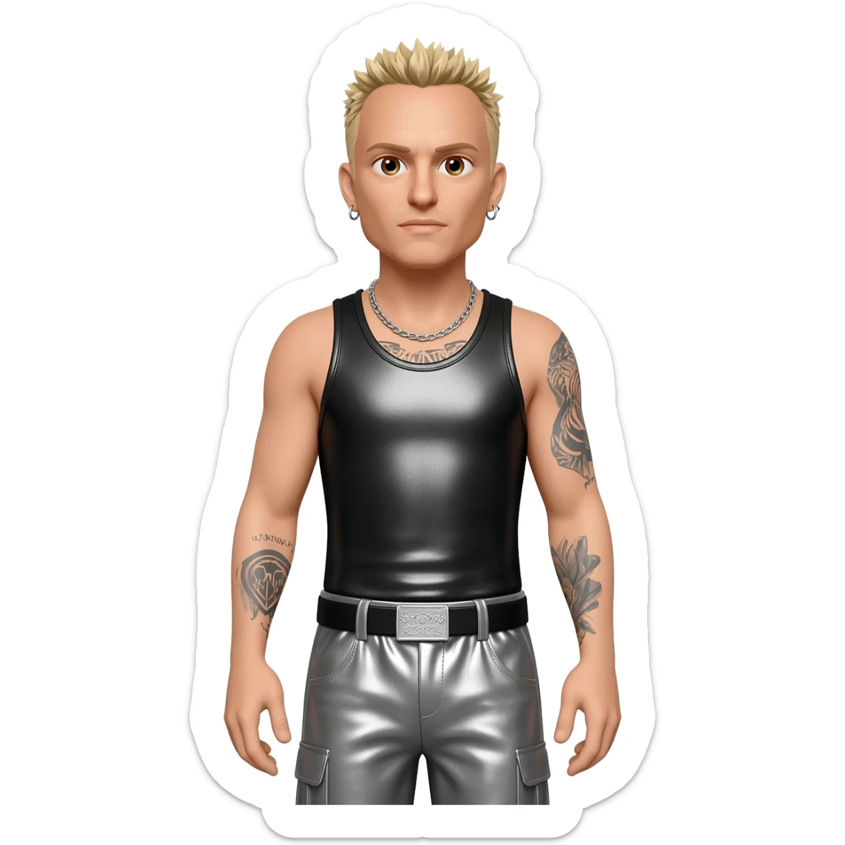 Chester Bennington with brown eyes, blonde hair, black metallic tank top, gray metallic baggy pants, silver necklace sticker