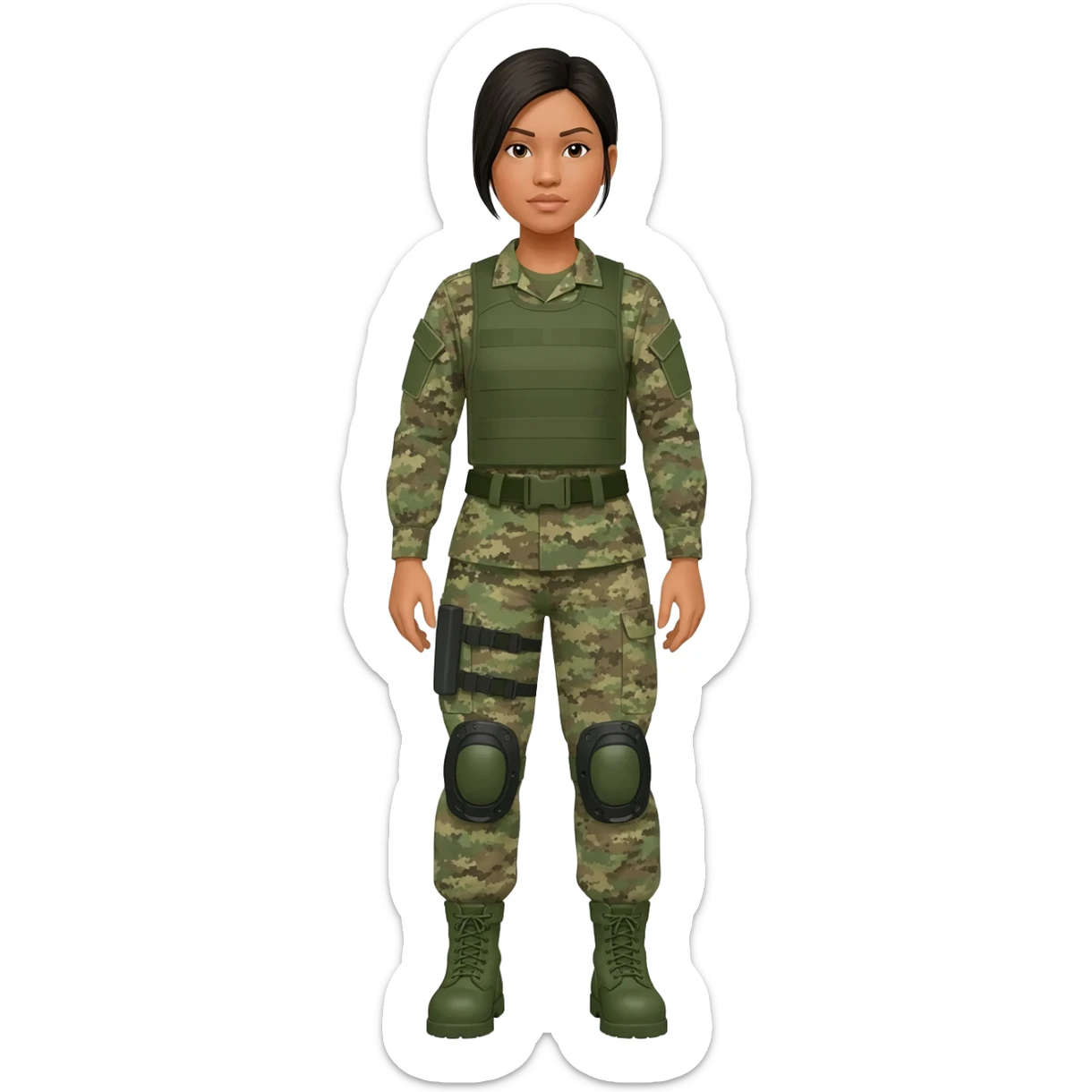 Filipino female army soldier bdu camo with green combat boots without plate carrier and without wear belt without knee pads long sleeve sticker