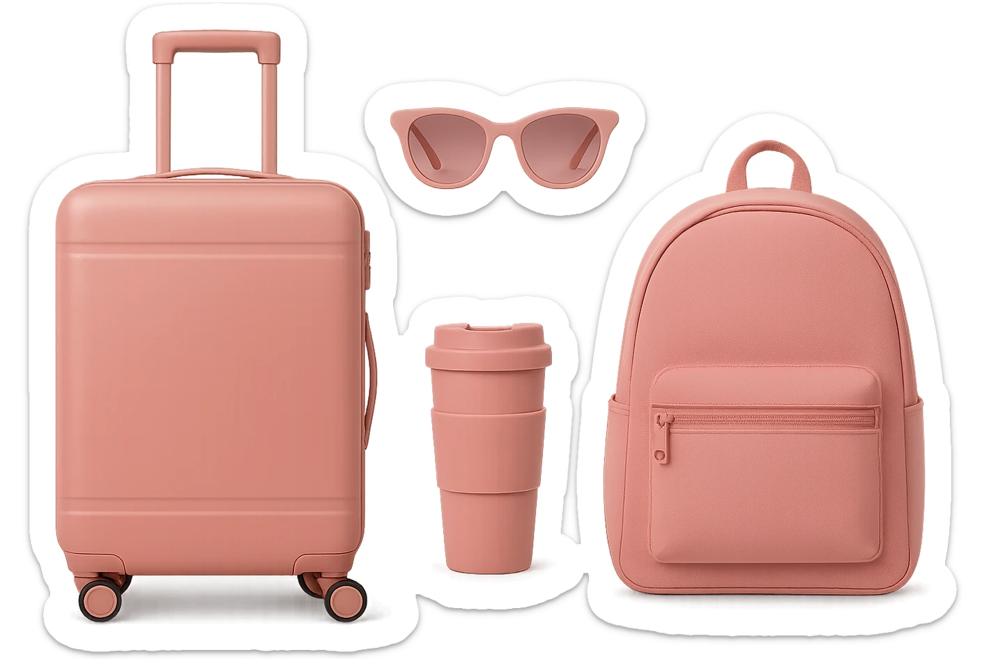 themed pink travel with pink suitcase, pink travel mug, pink sunglasses, pink backpack, all matching, stylish sticker