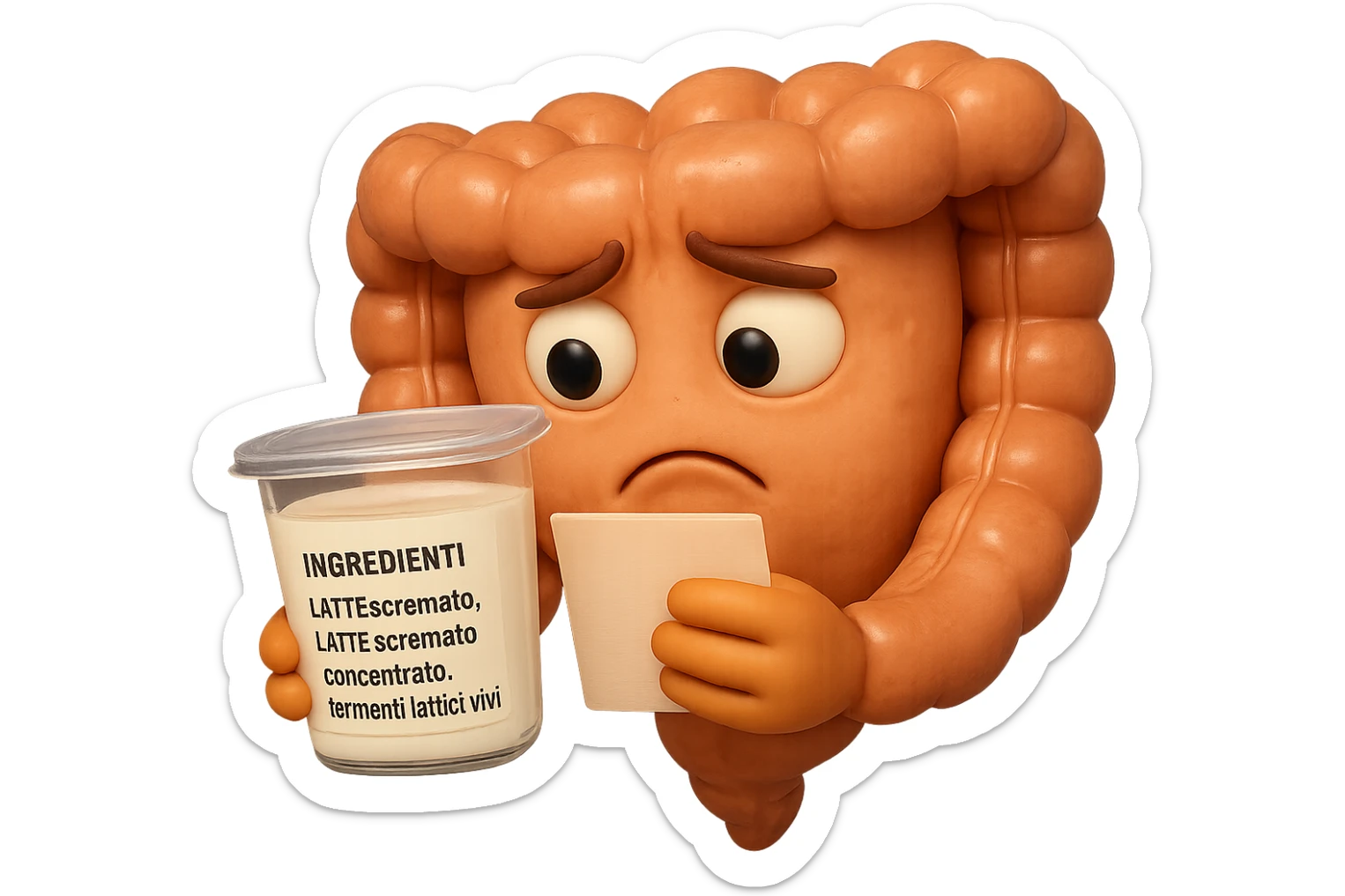 SU QUESTO STILE FAI UN EMOJI STILE IPHONE 3D DI UN INTESTINO CHE HA IN MANO UN BARATTOLO DI YOGURT CONFEZIONATO DA SUPERMERCATO E LEGGE L'ETICHETTA NUTRIZIONALE CON GLI INGREDIENTI IN ITALIANO, ACCANTO ALLO YOGURT CHE HA IN MANO C'è UN FOCUS SULL'ETICHETTA CON GLI INGREDIENTI SCRITTI, FAGLI UN ESPRESSIONE CONFUSA MENTRE LEGGE E FALLO MOLTO REALISTICO IN 3D sticker