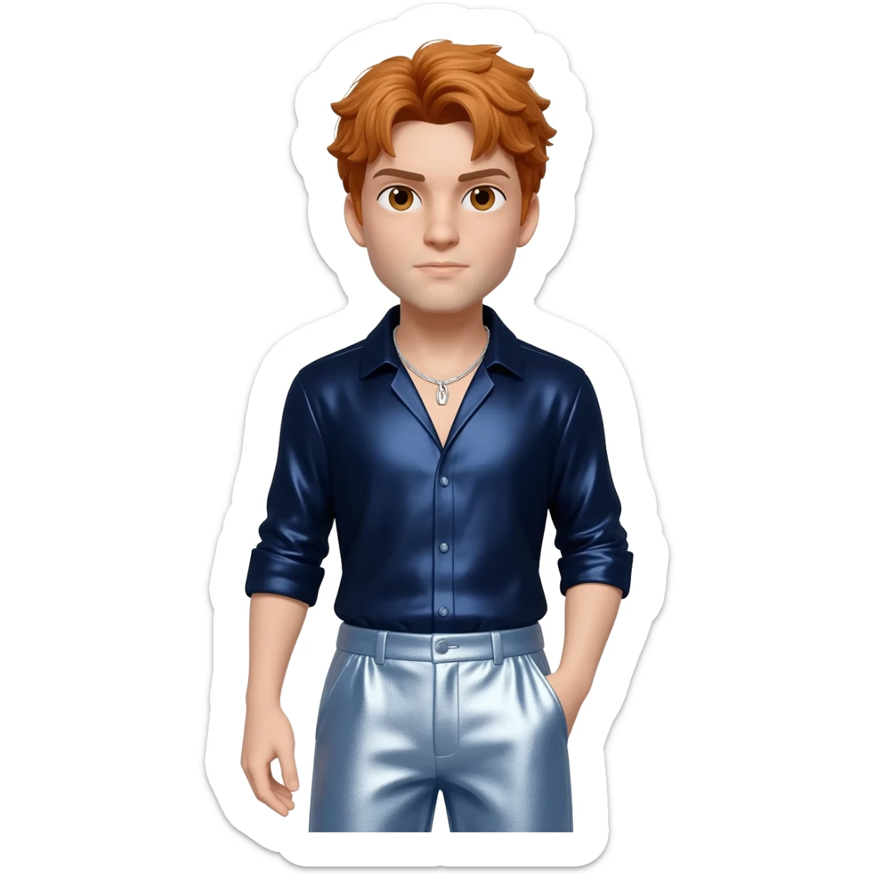 Bill Sage with brown eyes, reddish blonde hair, dark blue metallic shirt, light steel blue metallic baggy pants, silver necklace sticker