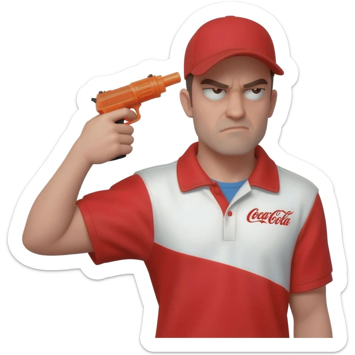 grumpy coca-cola employee with a toy gun pointed at his head sticker