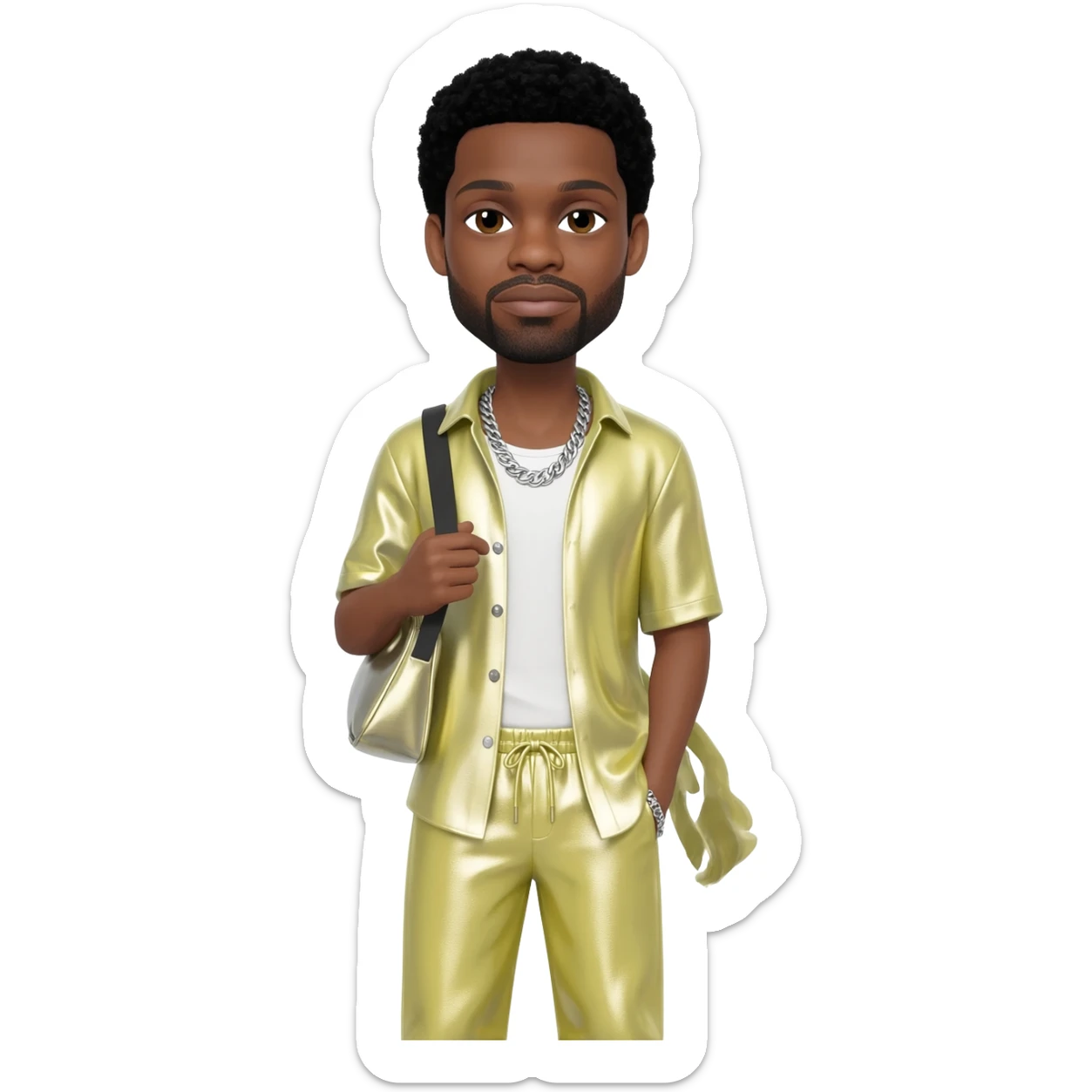Usher with black hair, light yellow metallic shirt, light yellow metallic baggy pants, silver necklace sticker