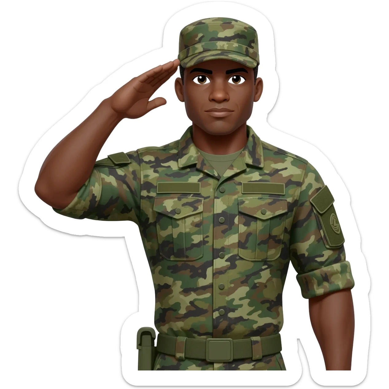 I need a black male military he has to have a military cap on more like campaign covers used by drill, instructors or state police officers make soldier well built with muscle muscles soldier and camouflage green uniform saluting sticker