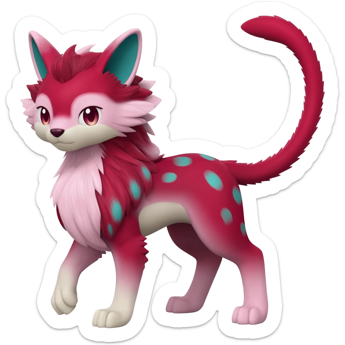 Epic complex detailed sanguine-red magenta pink white pastel realistic aesthetic-scenic-Fakémon-Trico-Sergal-Serval-Vernid-creature (full body) with cyan markings  sticker