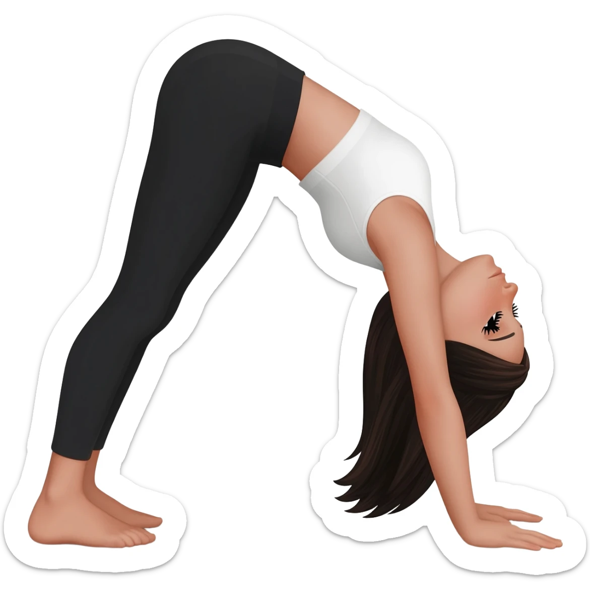 Девушка белая с правильным пропорциями тела стоит в позе собака мордой вниз, только человек, с длинными темными волосами, в коротком белом топе, в черных лосинах, с черными ресницами sticker