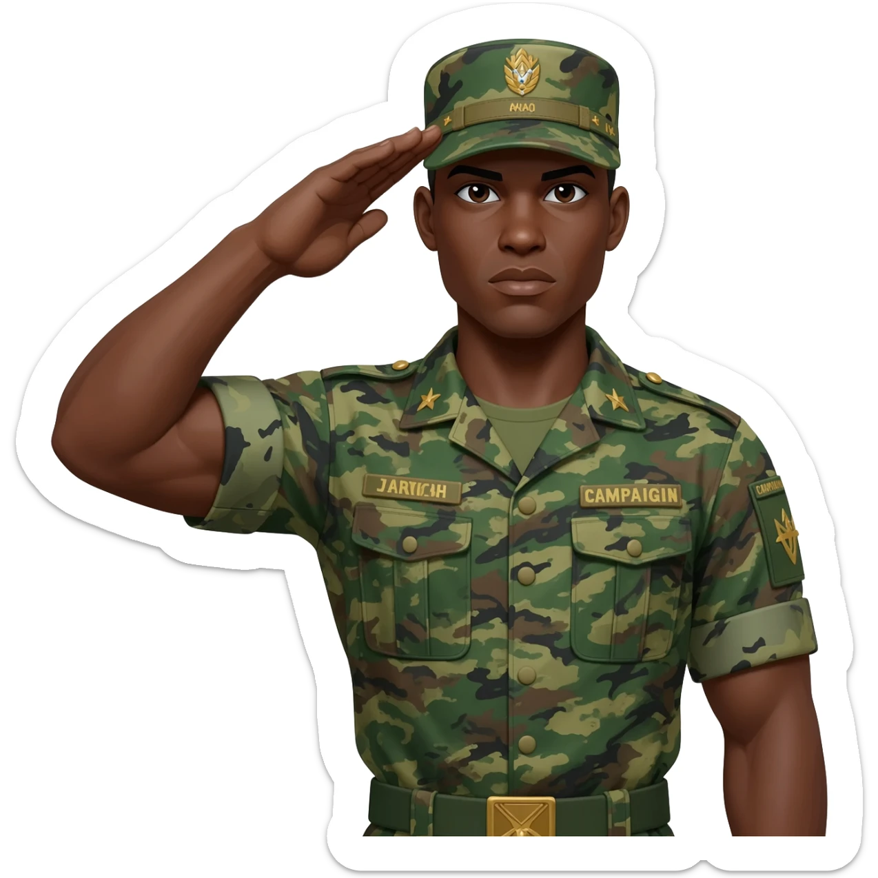 I need a black male military he has to have a military cap on more like campaign covers used by drill, instructors or state police officers make soldier well built with muscle muscles soldier and camouflage green uniform saluting sticker