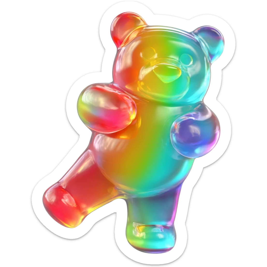 hyper-realistic 3D rendering of a translucent, glistening rainbow gummy bear mid-bounce, its plump body captured in dynamic motion as if frozen in time. The candy's surface refracts light like real gelatin, with sticky highlights gleaming along its curved edges and subtle sugar granules  sticker